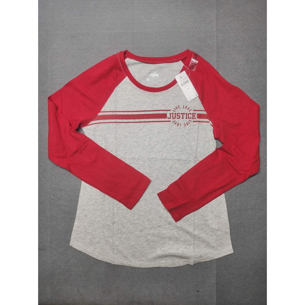 Justice Girls Size 12 Raglan Baseball Tee Long Sleeve Heather Grey Red Graphic